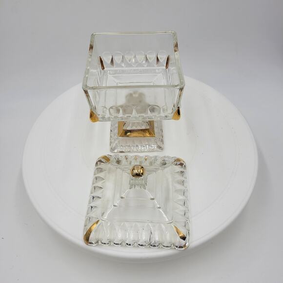 Vintage Jeannette Clear Glass Covered Pedestal Candy Dish 6" with Gold Trim USA - Picture 7 of 11